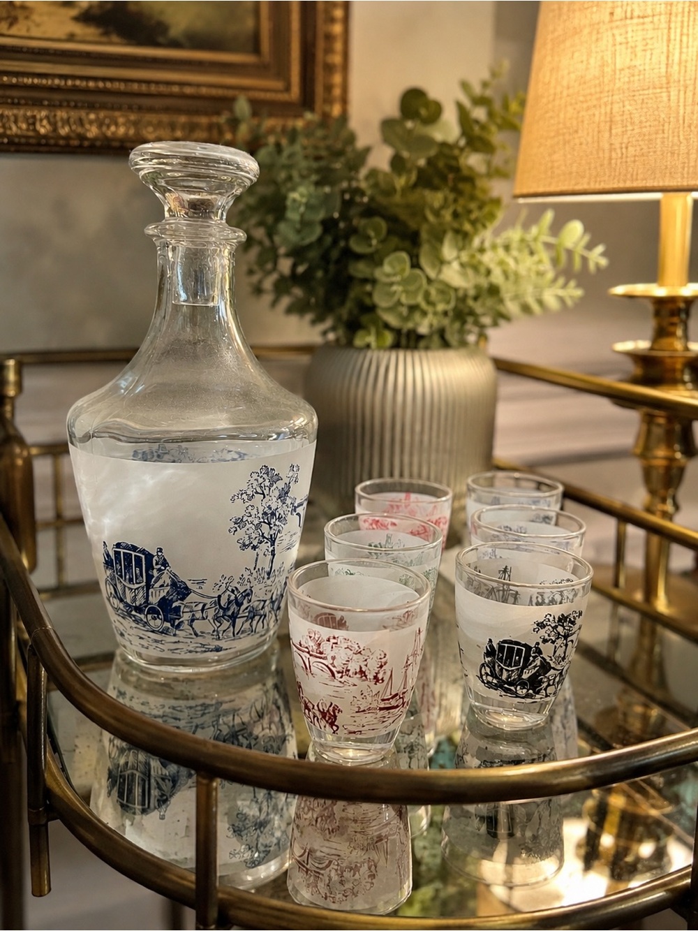 Vintage French Frosted Glass Decanter & 6 Shot Glasses Set
